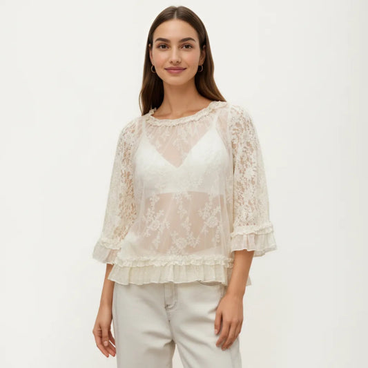 Womens Three Quarter Sleeve Lace Mesh Layering Blouse Top