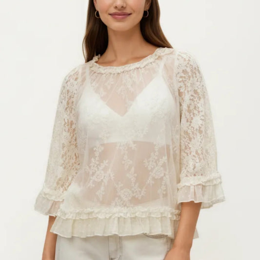 Womens Three Quarter Sleeve Lace Mesh Layering Blouse Top