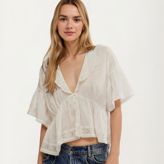 Womens Short Sleeve V Neck Eyelet Trim Babydoll Woven Blouse Top
