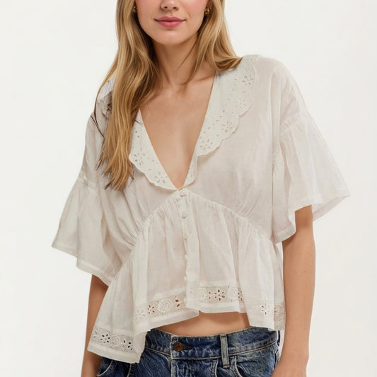 Womens Short Sleeve V Neck Eyelet Trim Babydoll Woven Blouse Top