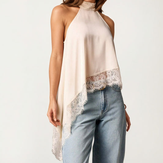 Womens Sleeveless High Neck Lace Trim Asymmetric Hem Woven Blouse Top