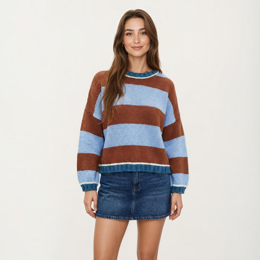 Striped Knit Sweater with Color Block Design, Ribbed Trim and Relaxed Drop Shoulder Fit