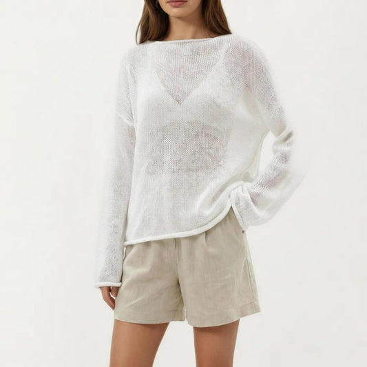 Lightweight Open Knit Long Sleeve Sweater Top with Relaxed Fit and Subtle Sheer Texture