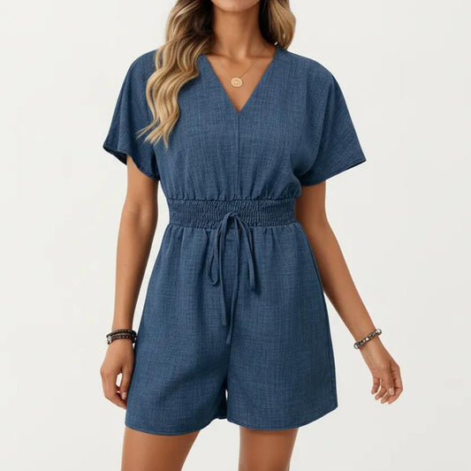 Short Sleeve V Neck Romper with Smocked Waist and Adjustable Drawstring