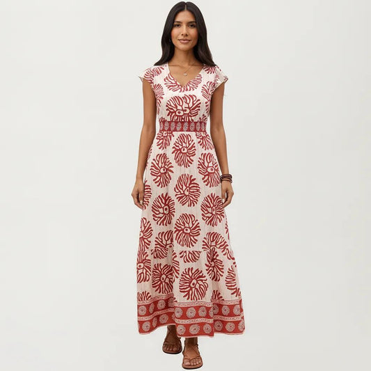 Cap Sleeve Maxi Dress with V Neckline and Smocked Waist Detail