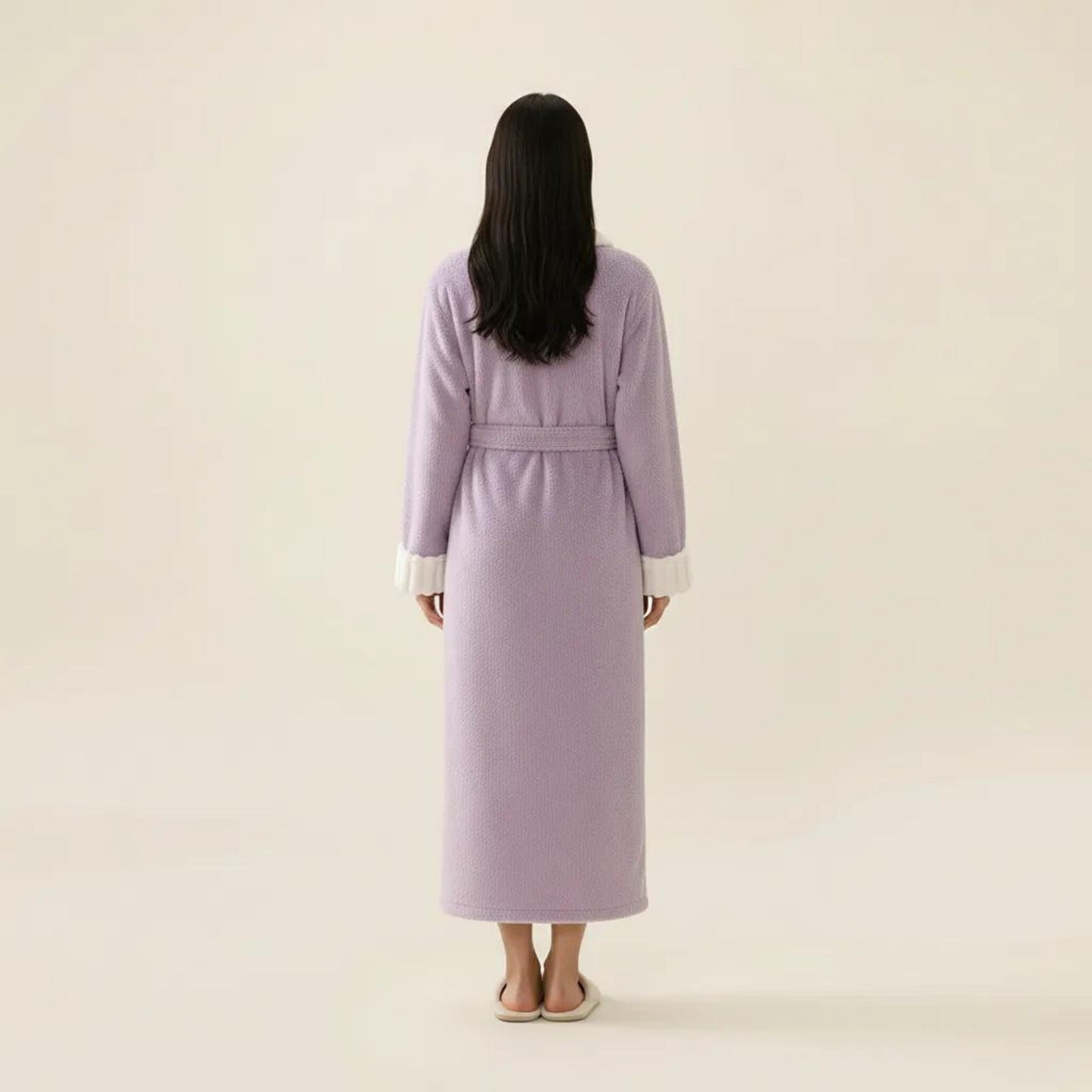Plush Long Robe with Contrast Trim Shawl Collar Tie Waist Belt Full Length Bathrobe