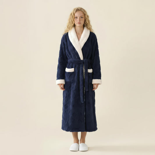 Plush Long Robe with Contrast Trim Shawl Collar Tie Waist Belt Soft Textured Warm