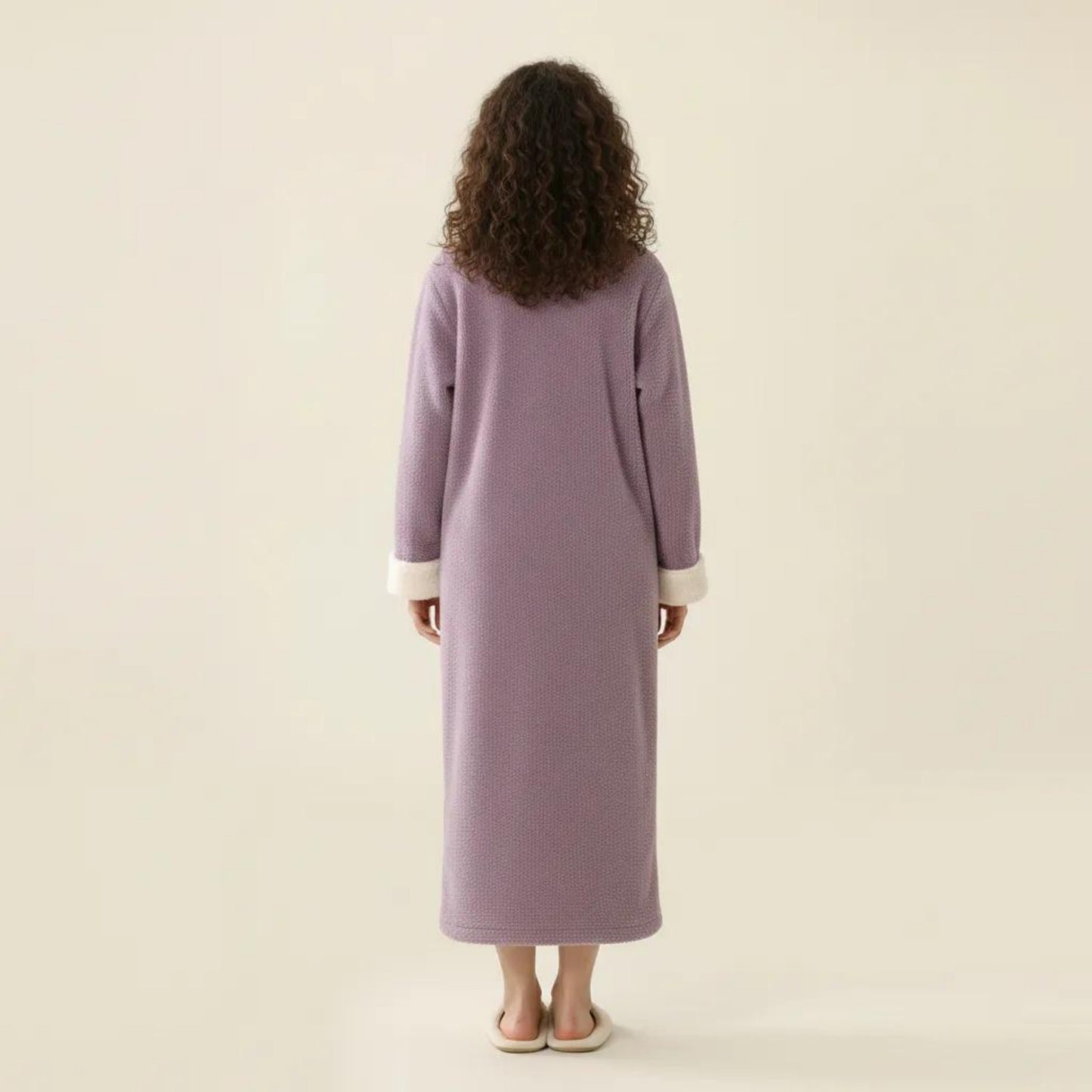 Long Plush Zip Front Robe with Stand Collar Front Pockets Soft Fleece Robe