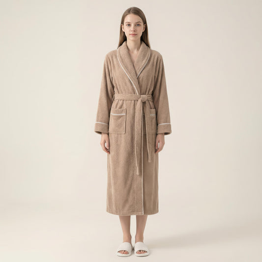 Long Plush Robe with Shawl Collar Tie Waist Belt Front Pockets Soft Fleece Robe