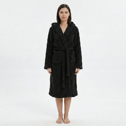Plush Hooded Long Sleeve robe with Textured Fleece Fabric Adjustable Waist Tie Wrap Design