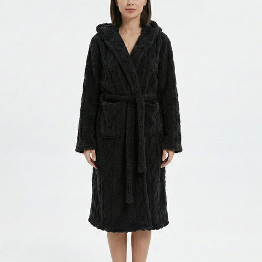 Plush Hooded Long Sleeve robe with Textured Fleece Fabric Adjustable Waist Tie Wrap Design