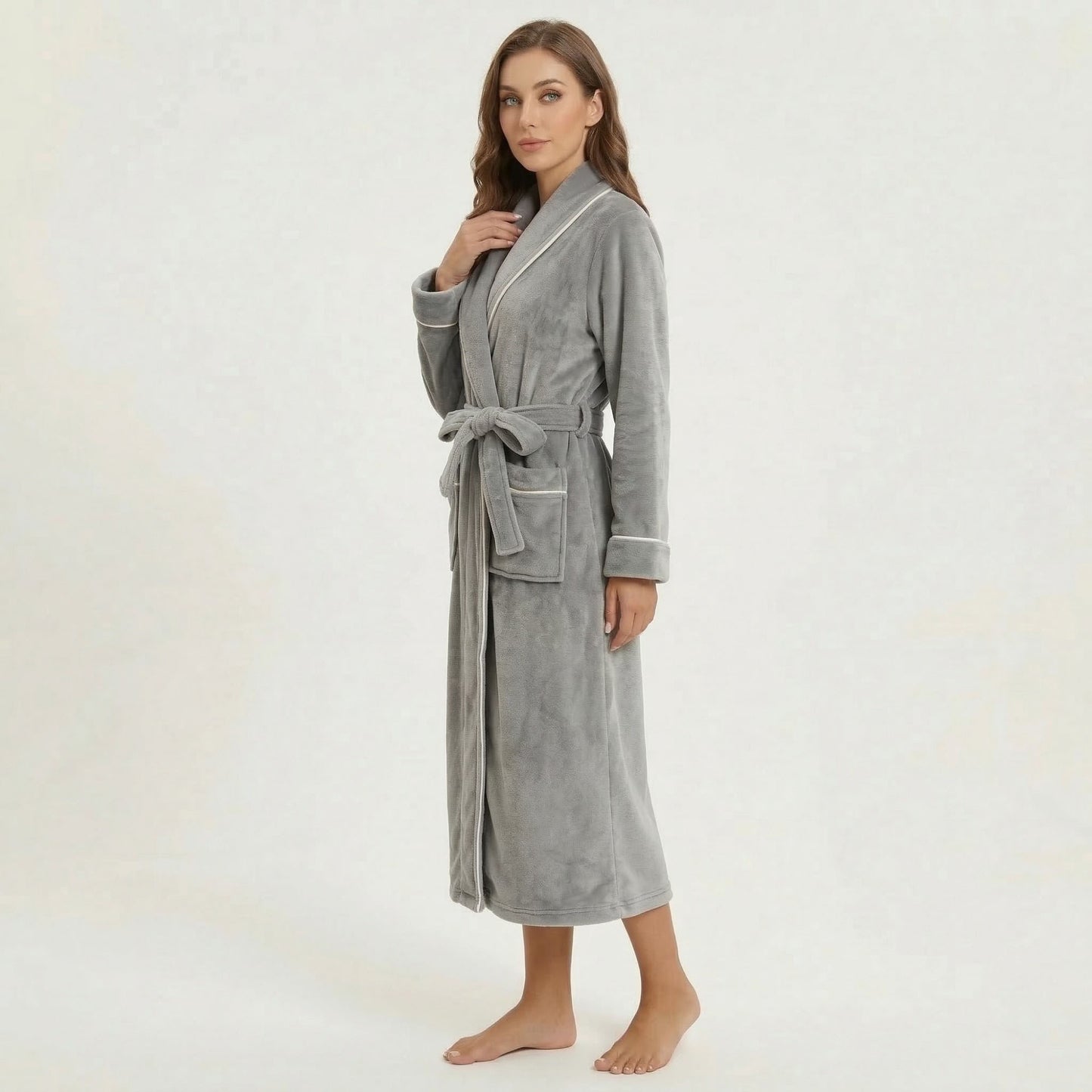 Plush Hooded Bathrobe with Waist Tie Belt Long Sleeve Wrap Design and Front Patch Pockets