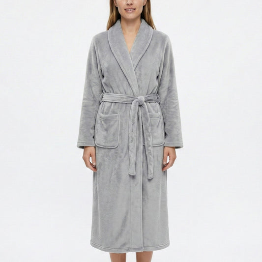 Plush Shawl Collar Long Bathrobe with Full Length Wrap Design Adjustable Waist Tie