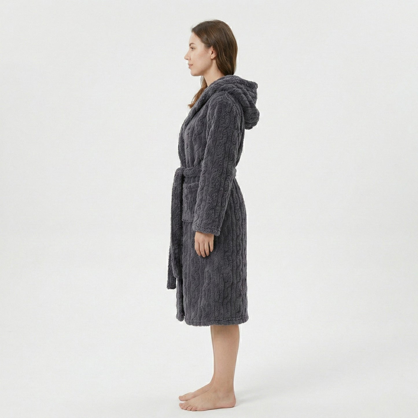 Plush Hooded Bathrobe with Textured Cable Pattern Long Wrap Design Adjustable Waist Tie