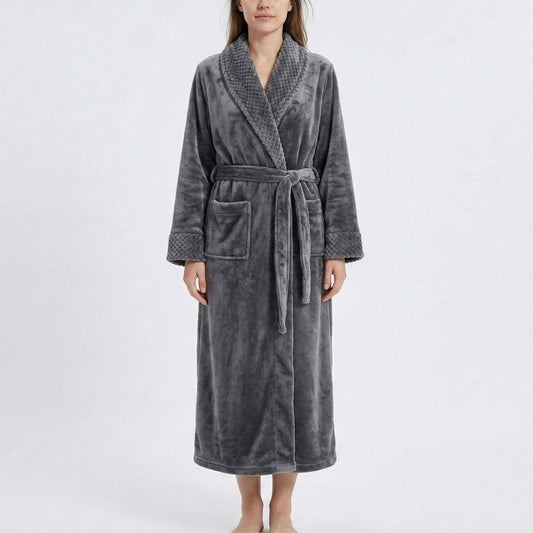 Plush Long Sleeve Shawl Collar Bathrobe with Waist Tie Belt and Front Patch Pockets