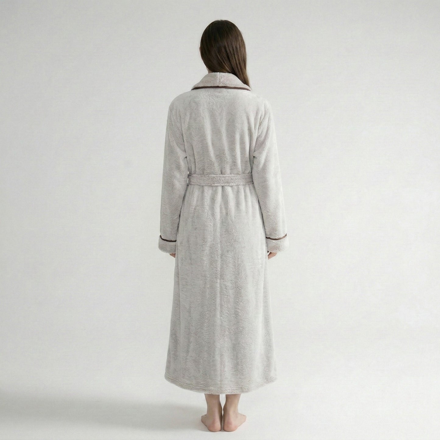 Plush Long Sleeve Shawl Collar Bathrobe with Contrast Trim and Adjustable Waist Tie Belt