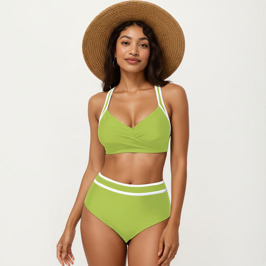 2-Piece Set Contrast Trim Bikini Top with High Waisted Bottom Swim Set