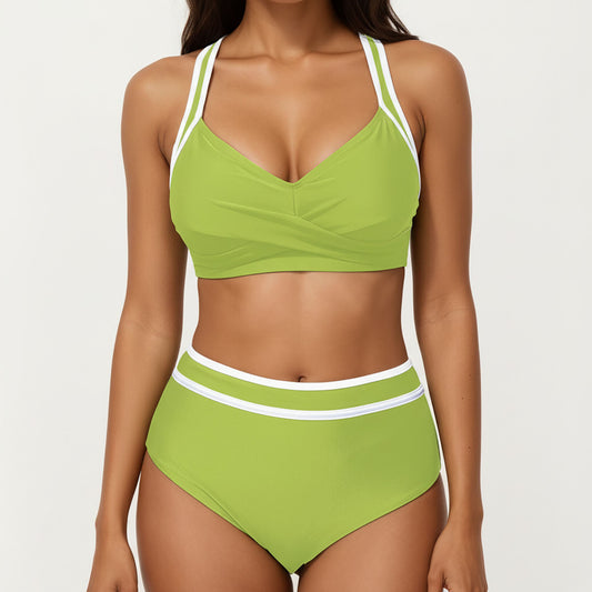 2-Piece Set Contrast Trim Bikini Top with High Waisted Bottom Swim Set