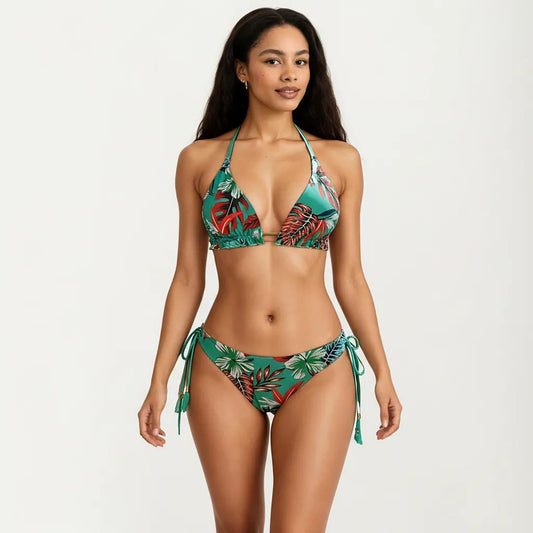 2-Piece Halter Bikini Set with Tropical Print and Tie Side Bottom