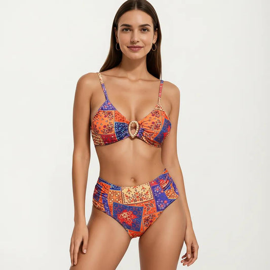 2-Piece High Waisted Bikini Set with Ring Detail Top and Patchwork Print
