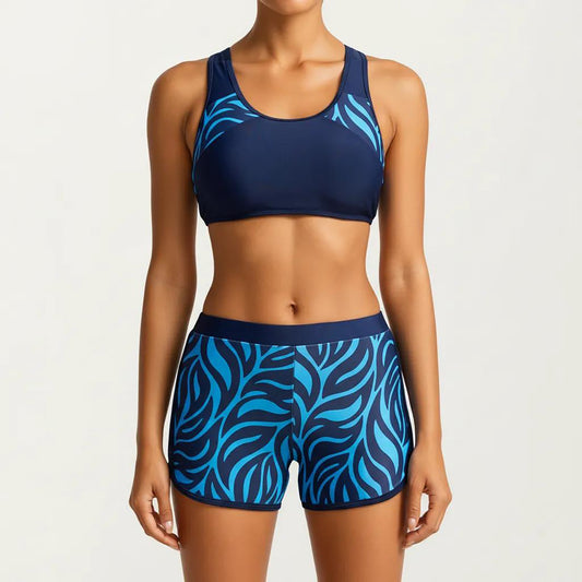 2-Piece Sport Bikini Set with Scoop Neck Crop Top and Printed Swim Shorts