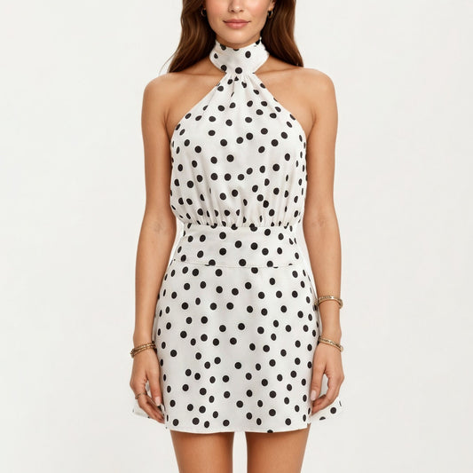 Polka Dot Halter Mini Dress with High Neck Tie Detail Elastic Waist Fitted Silhouette
