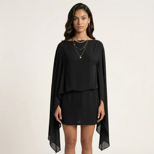 Mini Dress with Sheer Draped Long Sleeves and Fitted Skirt Elegant Party Outfit