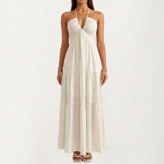 Halter Neck Tiered Maxi Dress with Twist Front Bodice Flowing A Line Silhouette