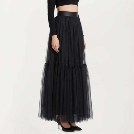 High Waist Layered Tulle Maxi Skirt with Tiered Mesh Overlay Elastic Waistband