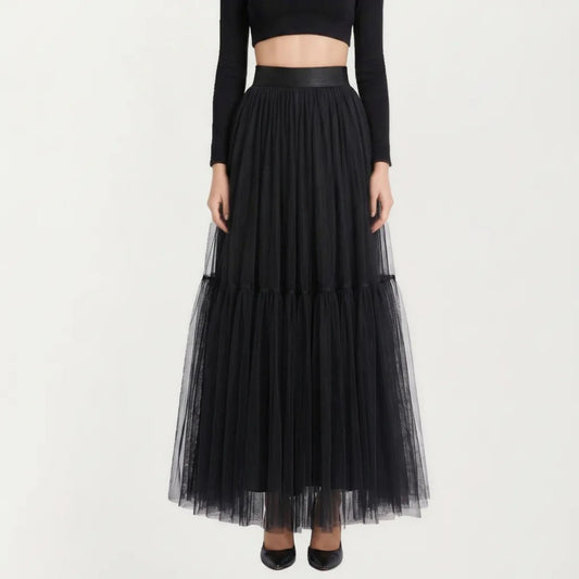 High Waist Layered Tulle Maxi Skirt with Tiered Mesh Overlay Elastic Waistband