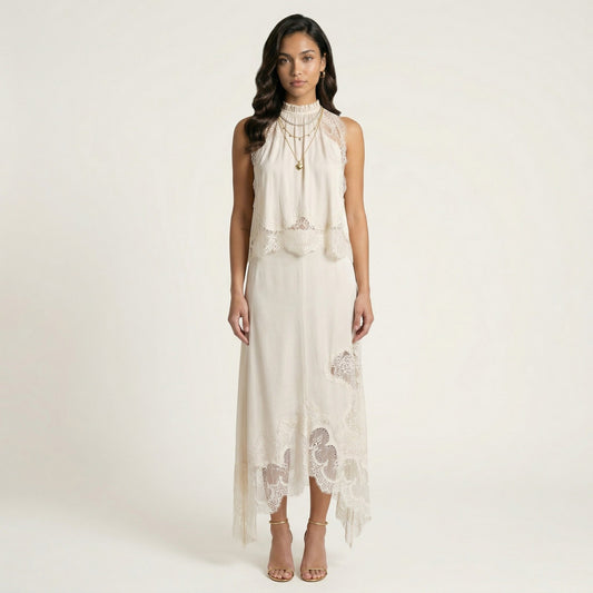 2-Piece Set Sleeveless High Neck Lace Trim Top and Asymmetrical Hem Midi Skirt