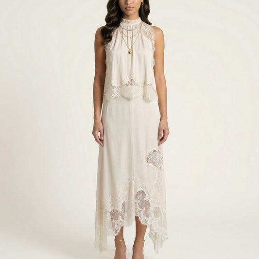 2-Piece Set Sleeveless High Neck Lace Trim Top and Asymmetrical Hem Midi Skirt