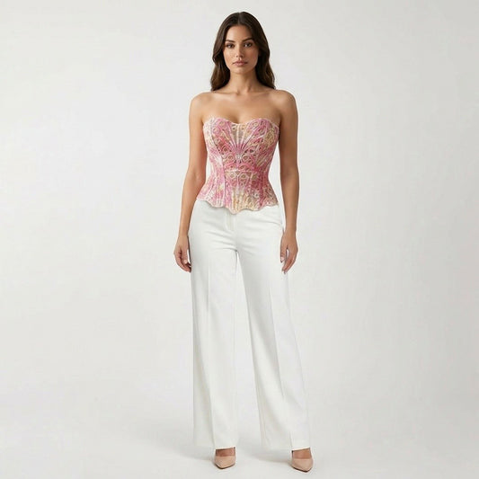 Strapless Lace Corset Top Structured Boned Bustier Peplum Hem Shaping Bodice Statement Top