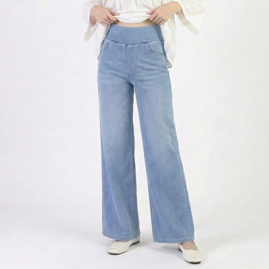 High Waist Wide Leg Denim Pants with Pull On Elastic Waist Stretch Fit Relaxed Silhouette