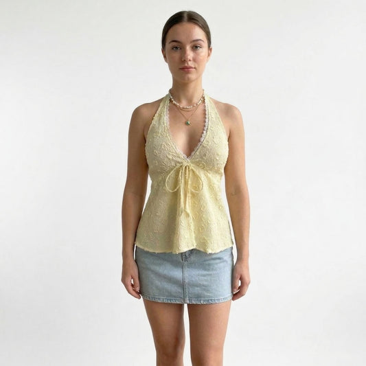 Lace Halter Neck Sleeveless Top with Tie Front Detail Stretch Smocked Back