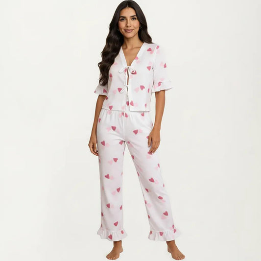 2-Piece Set V Neck Tie Front Pajama Top with Ruffle Sleeve Detail and Pants Printed Sleepwear Set