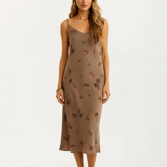 Modal Pajama Dress Sleeveless Spaghetti Strap Midi Sleepwear Nightgown with Printed Pattern