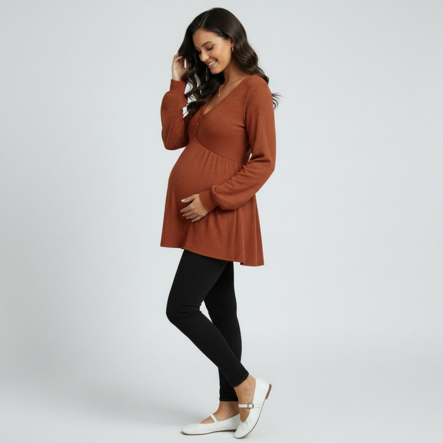 Maternity Ribbed Knit Long Sleeve Tunic Top with Button Front V Neck Empire Waist Shirt