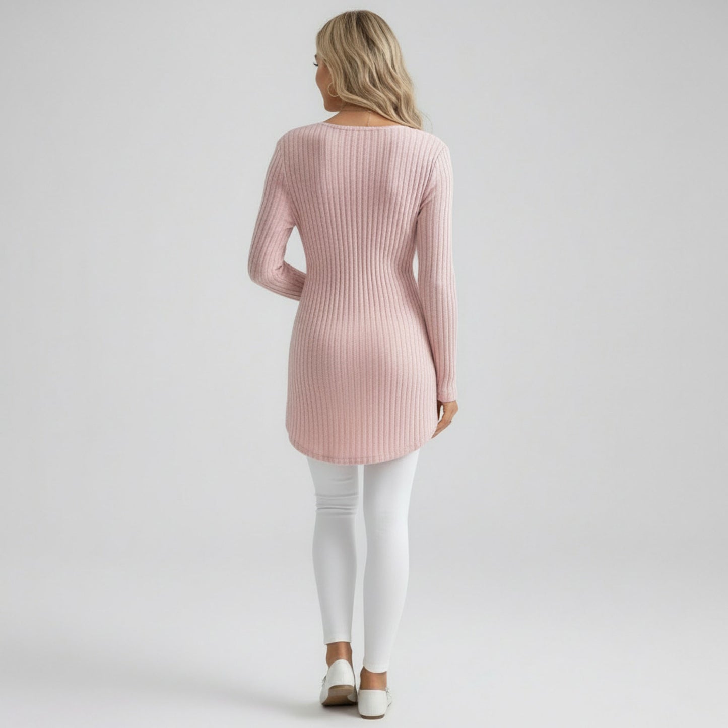 Maternity Ribbed Knit Long Sleeve Tunic Top with V Neck Tie Waist Soft Stretch Shirt