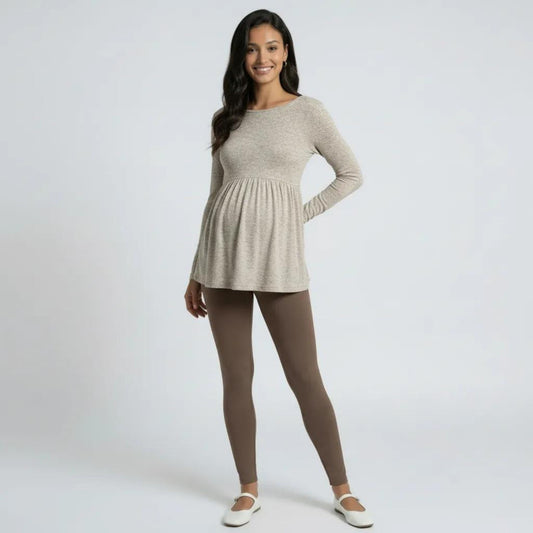 Maternity Long Sleeve Babydoll Tunic Top with Crew Neck Soft Stretch Flowy Shirt
