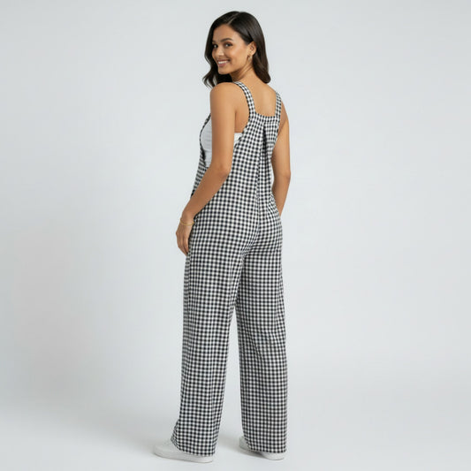 Maternity Gingham Wide Leg Jumpsuit with Adjustable Straps Square Neck Loose Fit Overalls