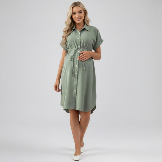 Maternity Button Down Shirt Dress with Adjustable Tie Waist Collared Midi Dress