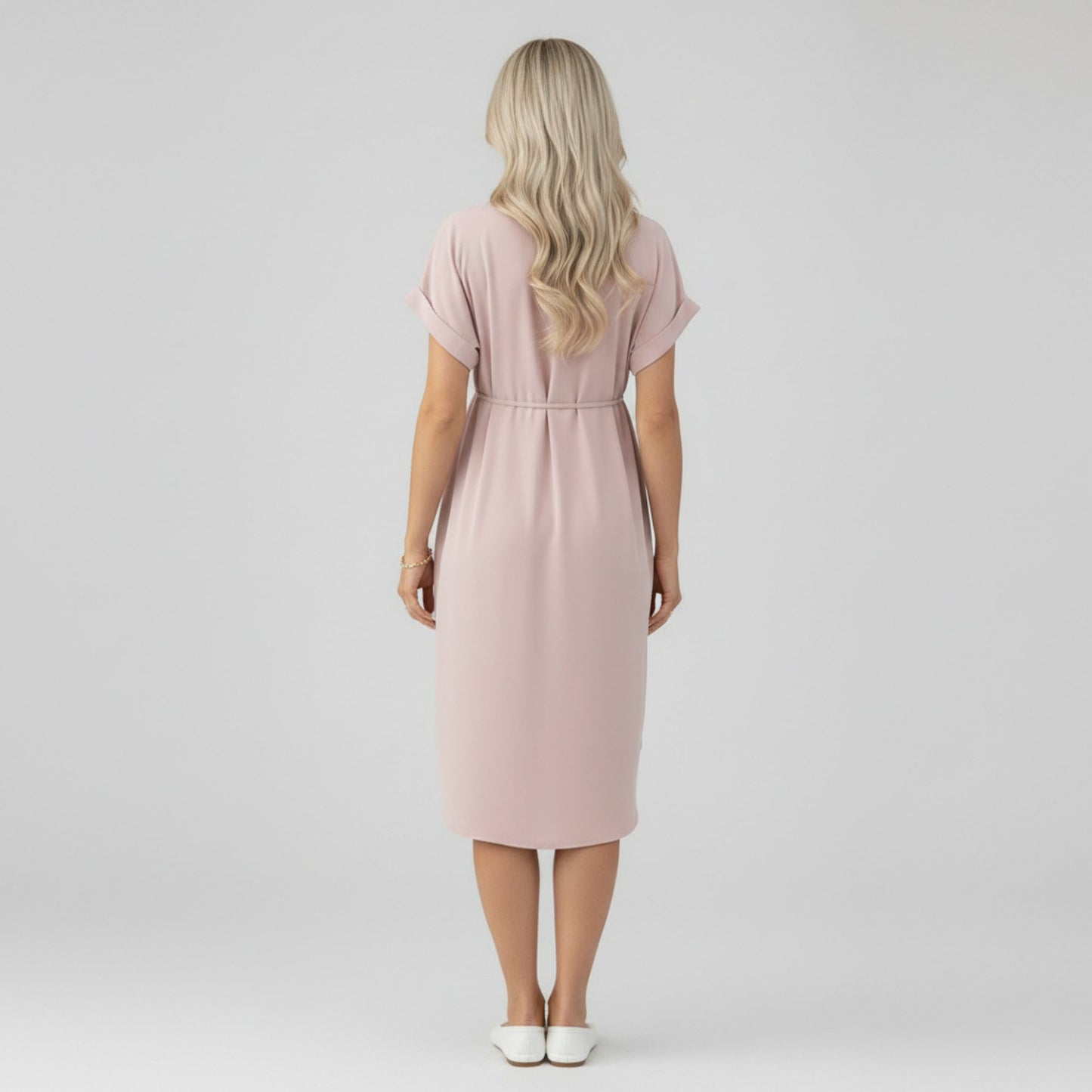 Maternity Button Down Shirt Dress with Adjustable Tie Waist Collared Midi Dress