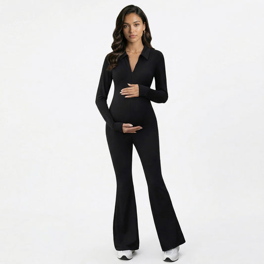 Maternity Long Sleeve Jumpsuit with Stretch Fabric Flare Leg Fitted Comfortable Design