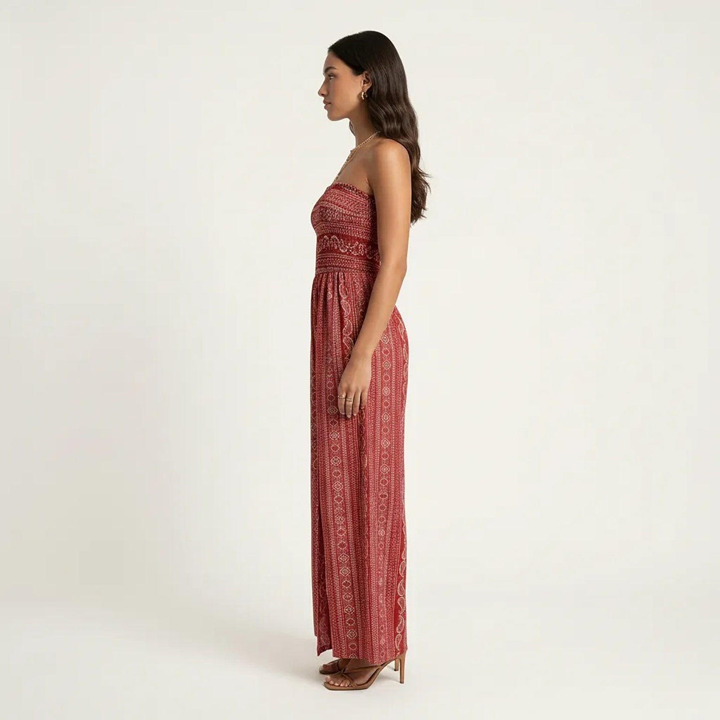 Strapless Wide Leg Jumpsuit with Smocked Bodice Printed Fabric Side Slit Flowy Fit