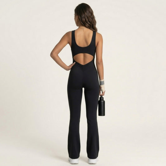 Sleeveless Active Jumpsuit with Wide Straps Deep V Neck Flare Leg Contour Fit One Piece