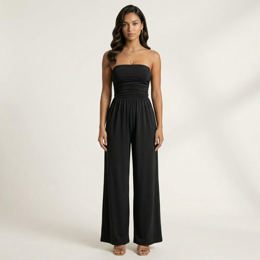 Strapless Wide Leg Jumpsuit with Smocked Bodice Elastic Waist Flowy Relaxed Fit