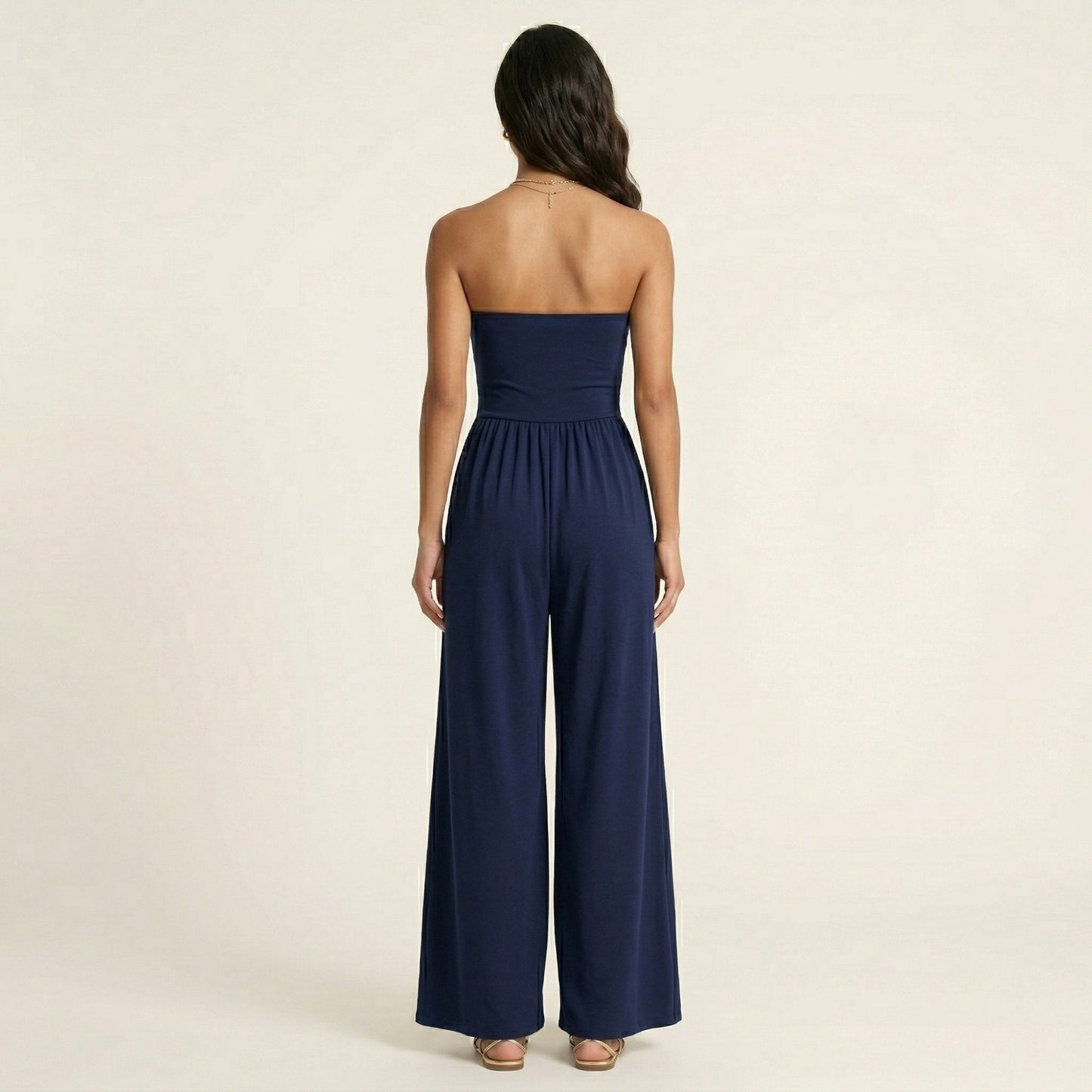 Strapless Wide Leg Jumpsuit with Smocked Bodice Elastic Waist Flowy Relaxed Fit
