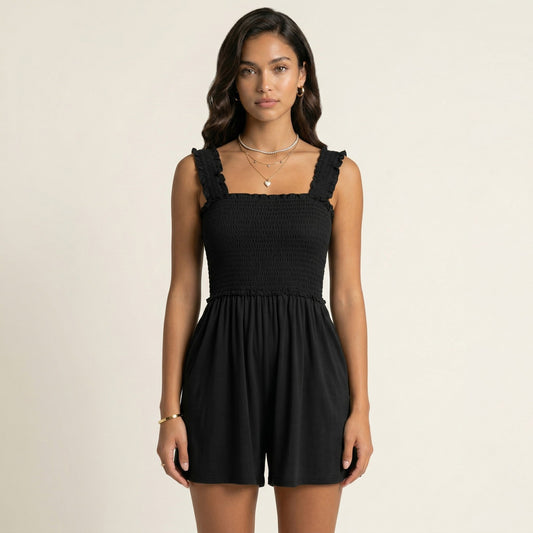 Sleeveless Smocked Romper with Ruffle Straps Square Neckline Elastic Waist Relaxed Fit