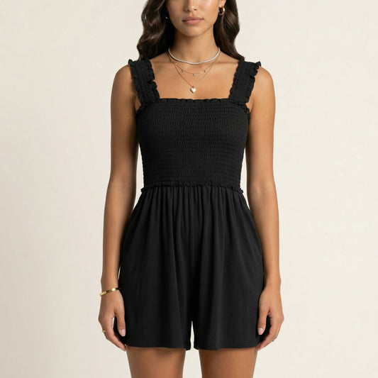Sleeveless Smocked Romper with Ruffle Straps Square Neckline Elastic Waist Relaxed Fit